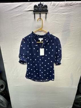 Tamara H. Navy Blue Polka Dot Ruffled V-Neck Short Sleeve Blouse